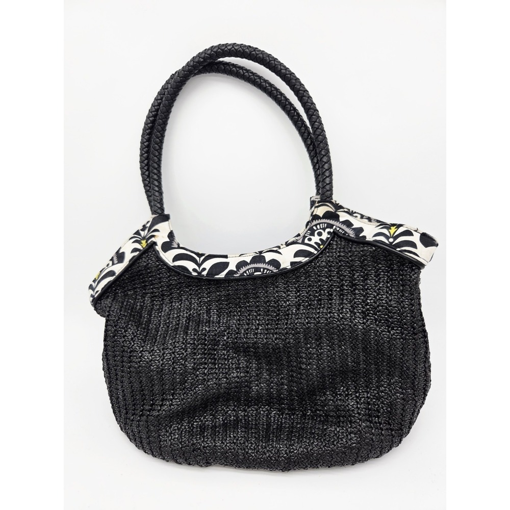 Vera Bradley Fanfare Wicker Black White Braided Handles Straw Hobo/ Shoulder Bag